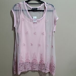 Lily Morgan Pink Sheer Embroidered Top Size Xl
